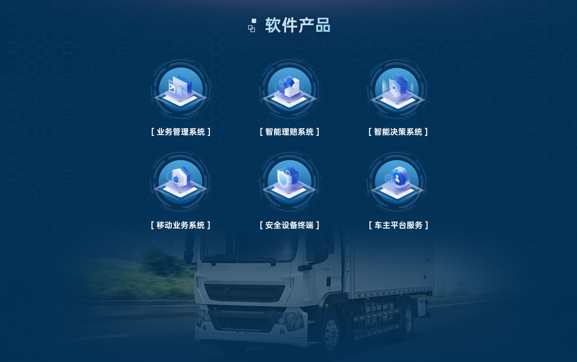 软件产品板块：业务管理系统、智能理赔系统、智能决策系统、移动业务系统、安全设备终端、车主平台服务